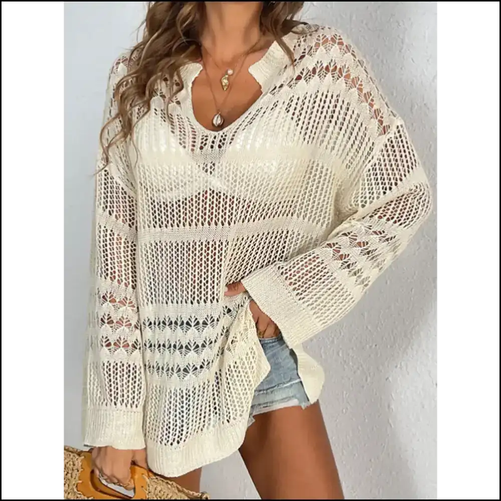 Sass Up your Style in our Cutout Notched Long Sleeve Cover-up! πβ¨ - Tan / Xl - Cover-ups
