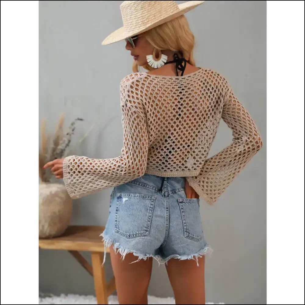 Flare Sleeve Openwork Cropped Cover Up - Cover-ups