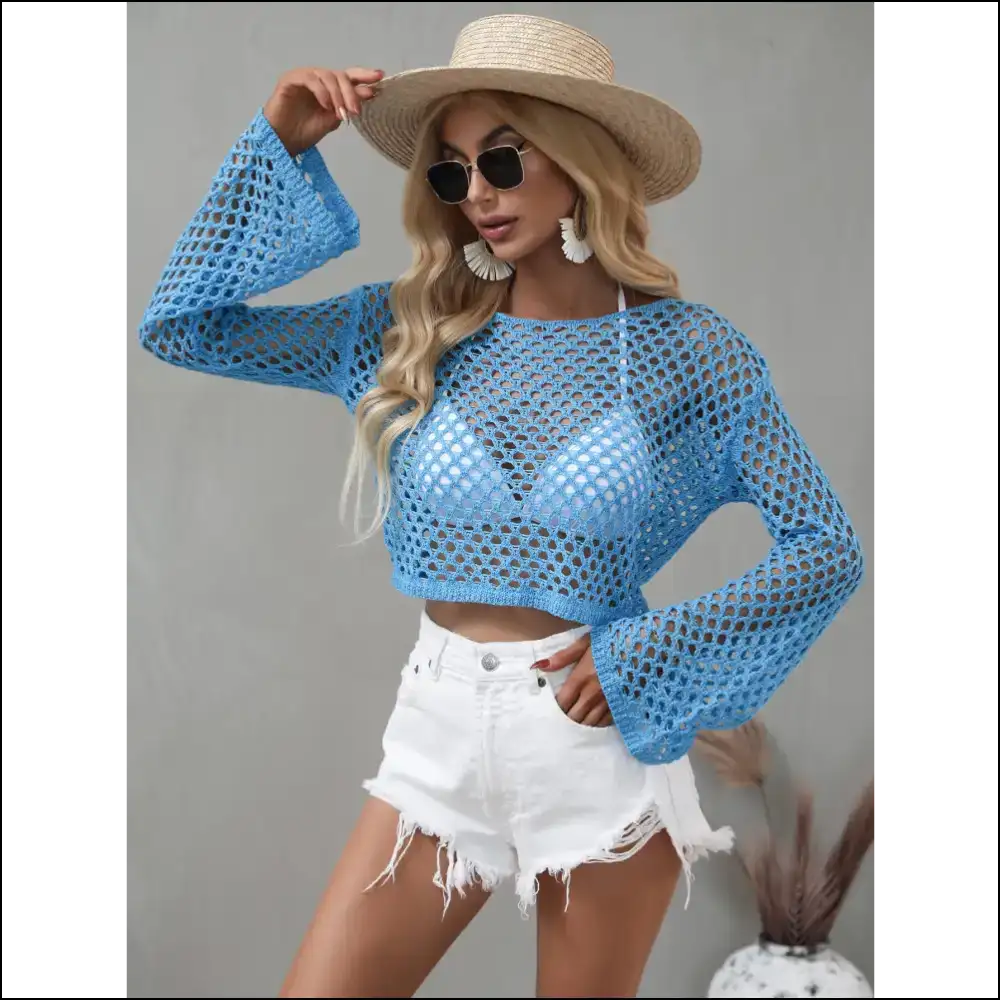 Flare Sleeve Openwork Cropped Cover Up - Blue / m - Cover-ups