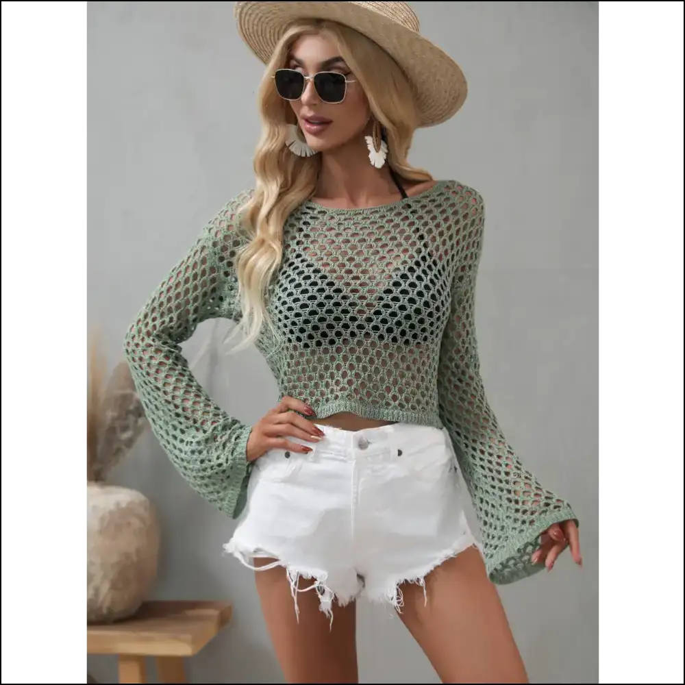 Flare Sleeve Openwork Cropped Cover Up - Green / m - Cover-ups