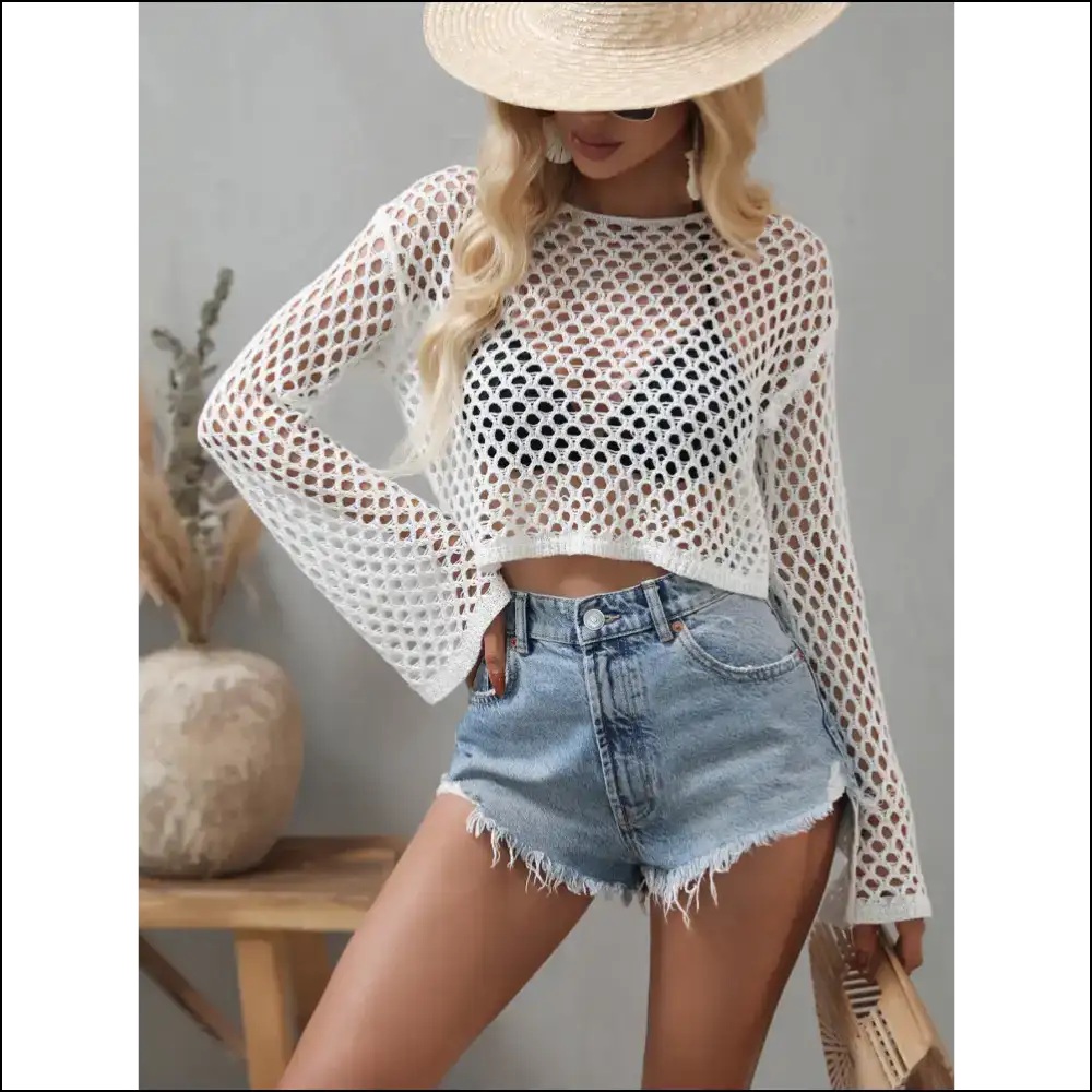 Flare Sleeve Openwork Cropped Cover Up - Cover-ups