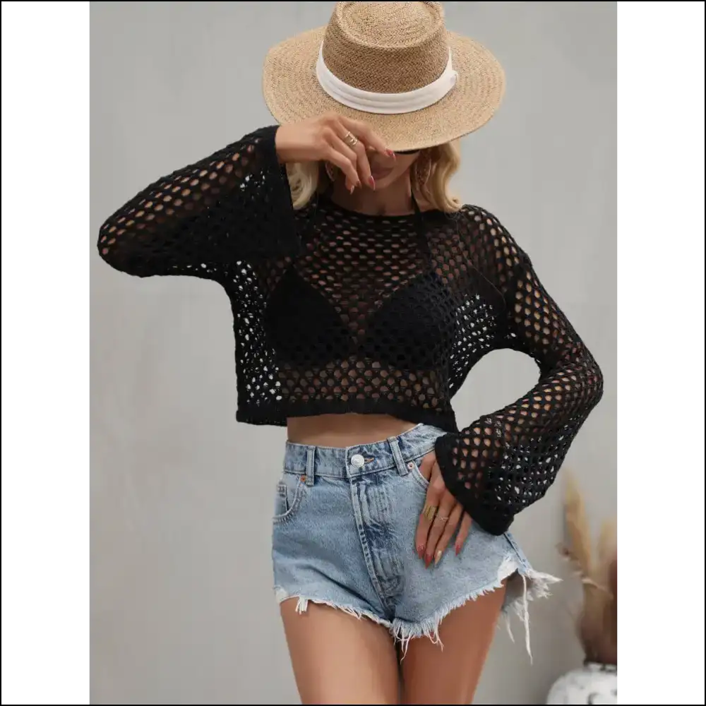 Flare Sleeve Openwork Cropped Cover Up - Black / s - Cover-ups