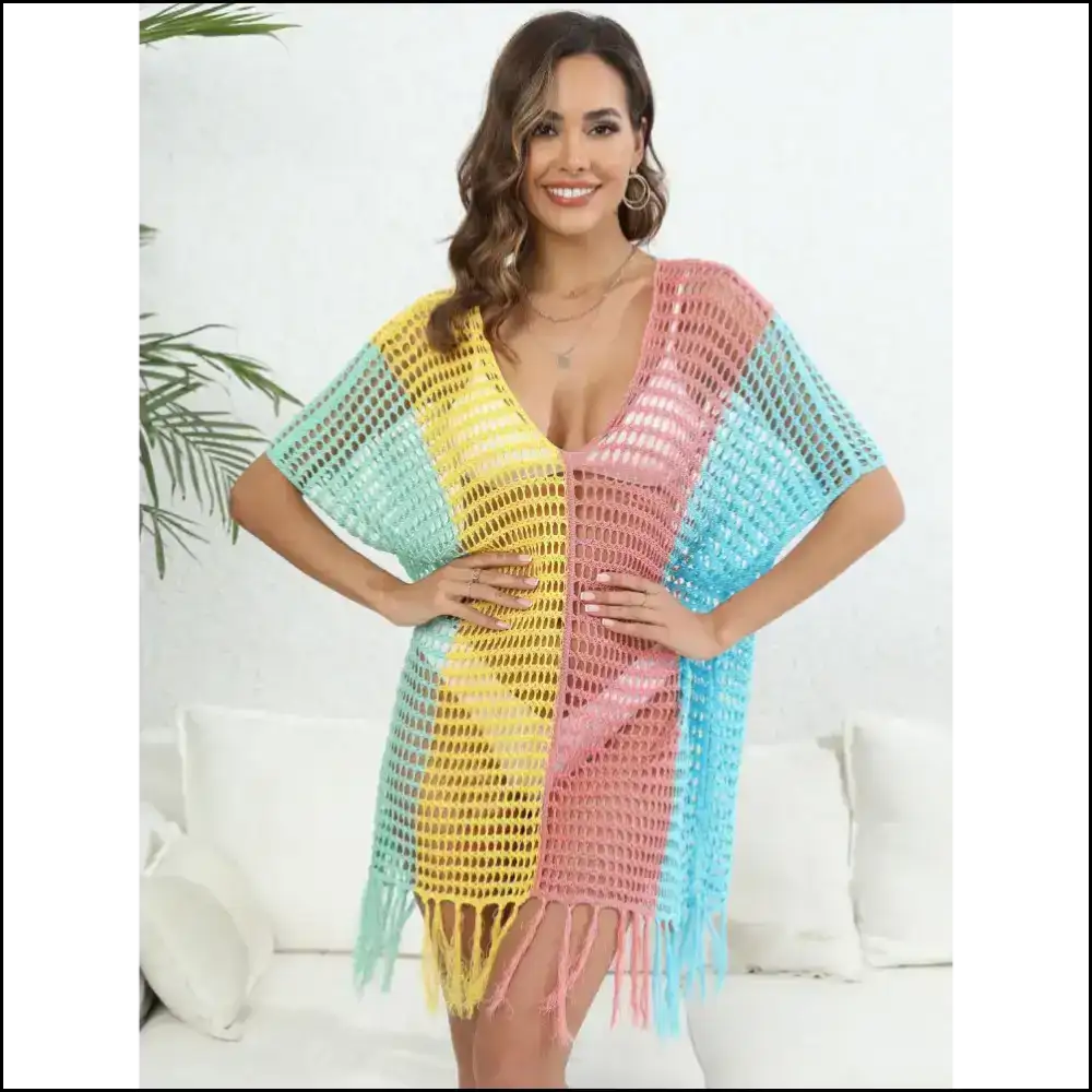 Fringe Color Block Cover-up: where Goddesses Go to Hide and Shine! 🌈✨ - Dusty Pink / one Size - Cover-ups