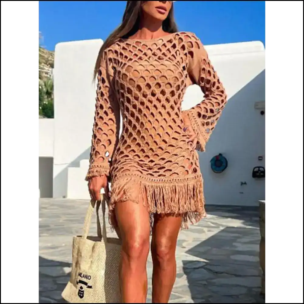 Unleash your Inner Diva with our Fringe Cutout Long Sleeve Magic!✨💃 Caramel / l Cover Ups