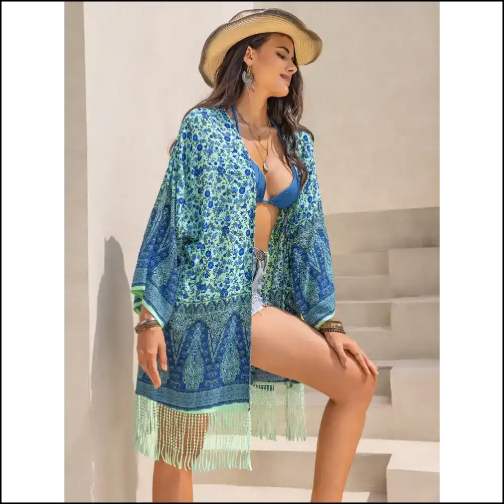 Fringe Printed Open Cover-up: Because who Needs Fashion when you have Guts? 😂✨ - Cover-ups