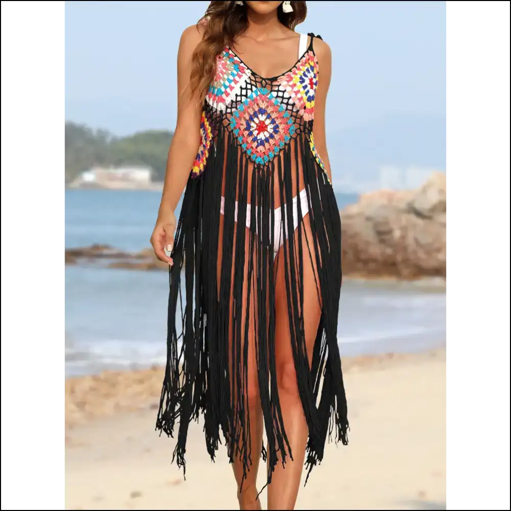 Fringe Spaghetti Strap Cover-up - Black / one Size - Cover-ups