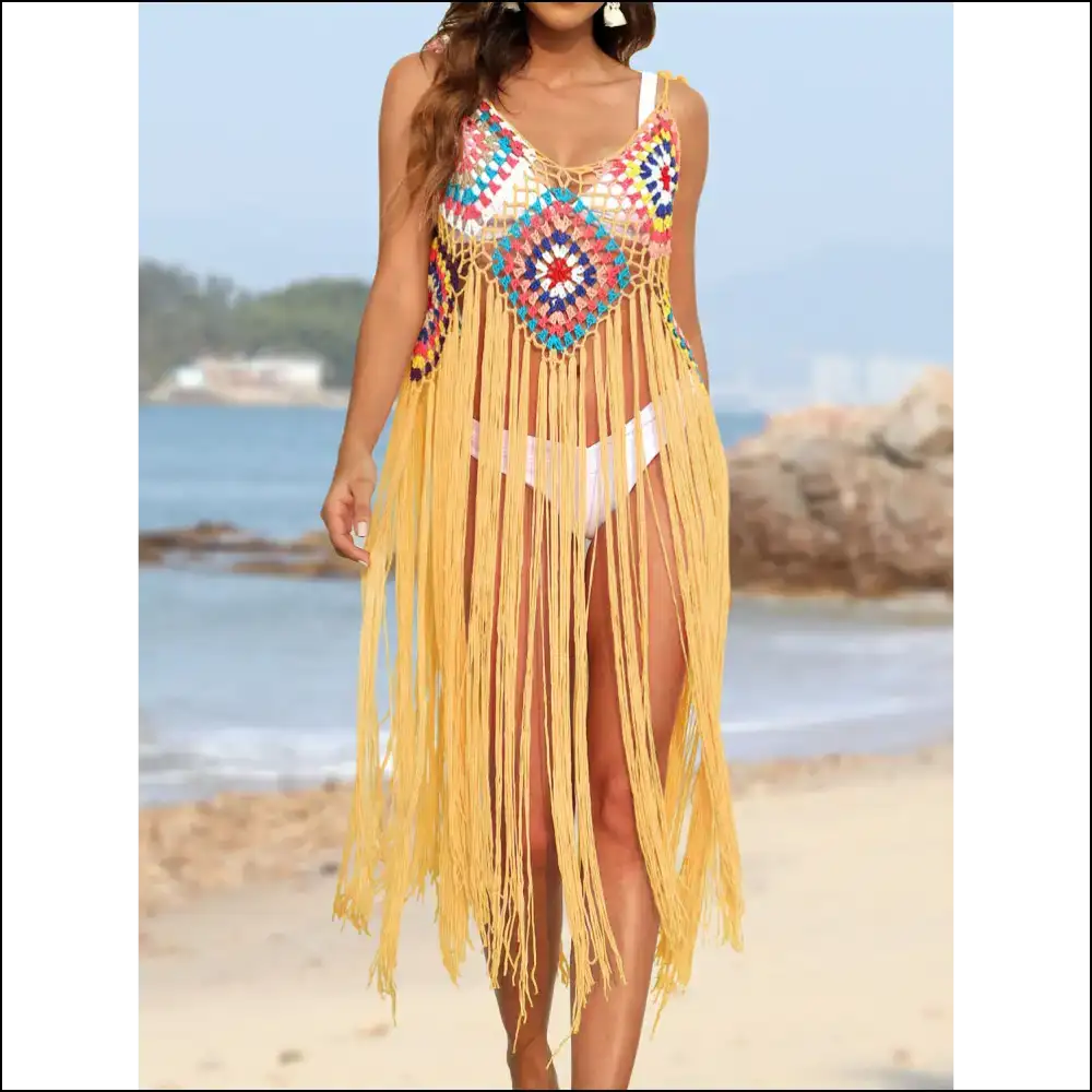 Fringe Spaghetti Strap Cover-up - Mustard / one Size - Cover-ups