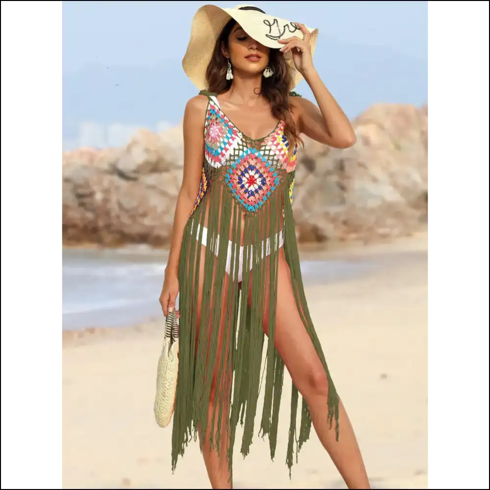 Fringe Spaghetti Strap Cover-up - Moss / one Size - Cover-ups