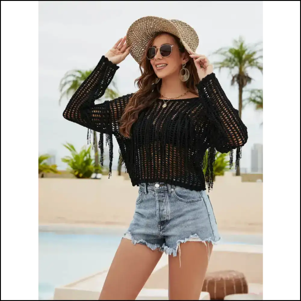 Dare to Bare: Unleash your Inner Diva with our Fringe Trim Openwork Cover-up! πβ¨ - Cover-ups