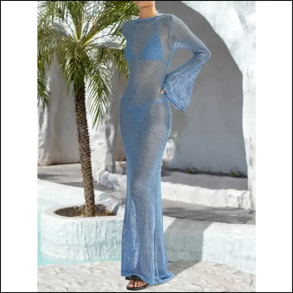 Openwork Backless Flare Sleeve Dress - Teal / s - Cover-ups