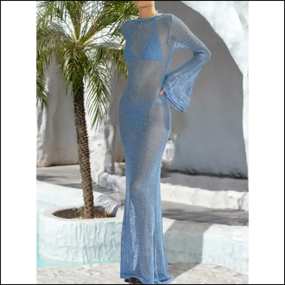 Openwork Backless Flare Sleeve Dress - Cover-ups