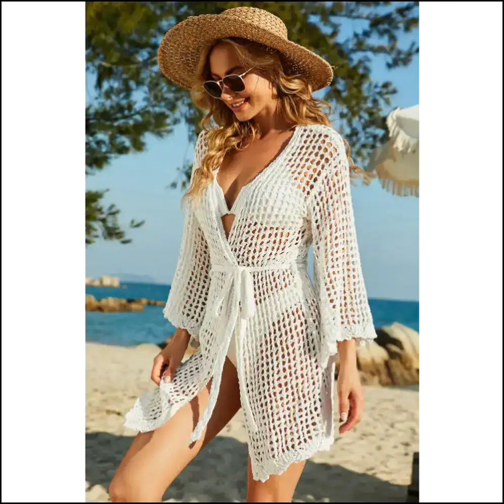 Chic Tie-waist Openwork Crochet Cover Up - Cover-ups