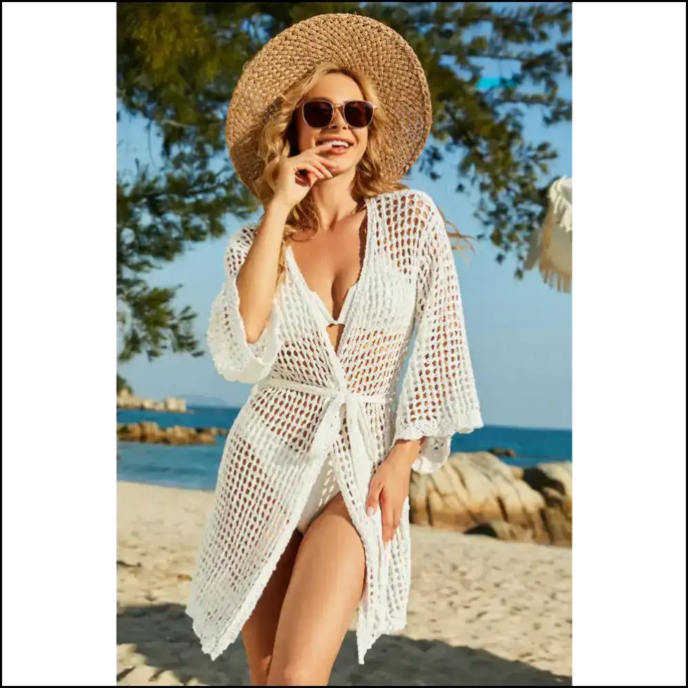 Chic Tie-waist Openwork Crochet Cover Up - White / m - Cover-ups