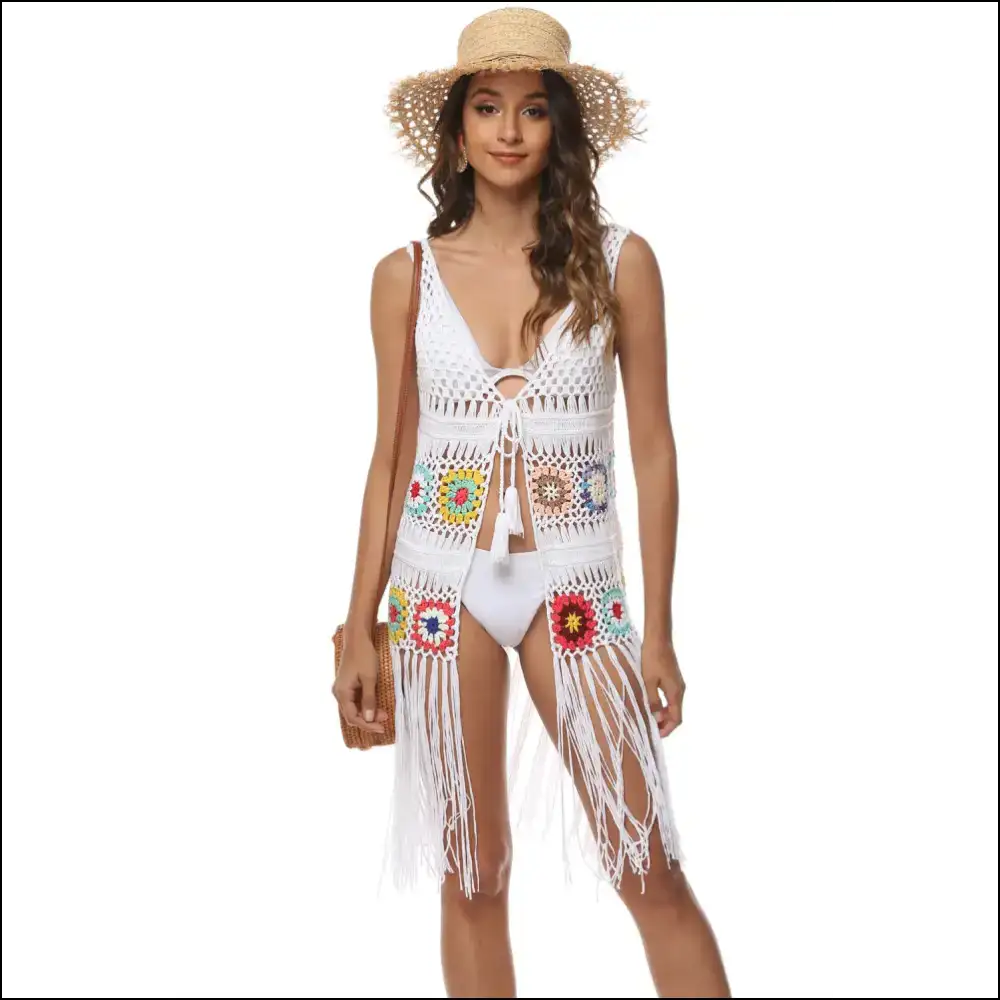 Openwork Fringe Embroidery Sleeveless Beach Cover Up White / one Size Ups