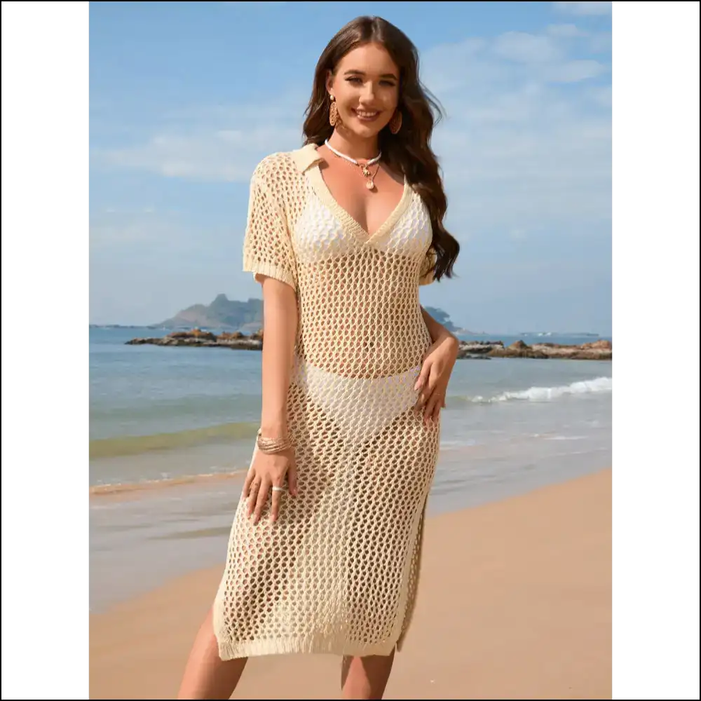 Openwork Slit Johnny Collar Cover-up - Beige / s - Cover-ups