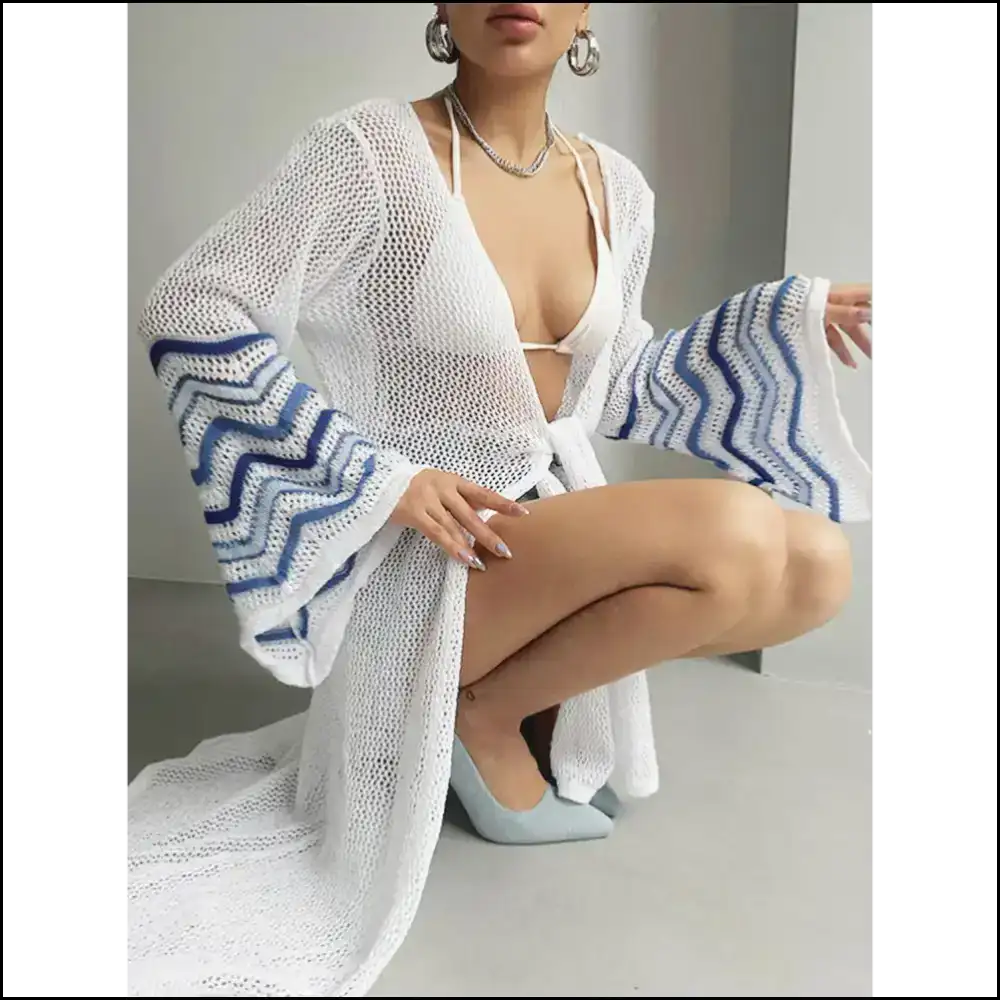 Openwork Striped Flare Sleeve Cover-up - Cover-ups