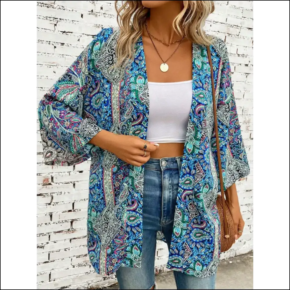 Chic Printed Open Front Three-quarter Sleeve Cover Up - Teal / one Size - Cover-ups