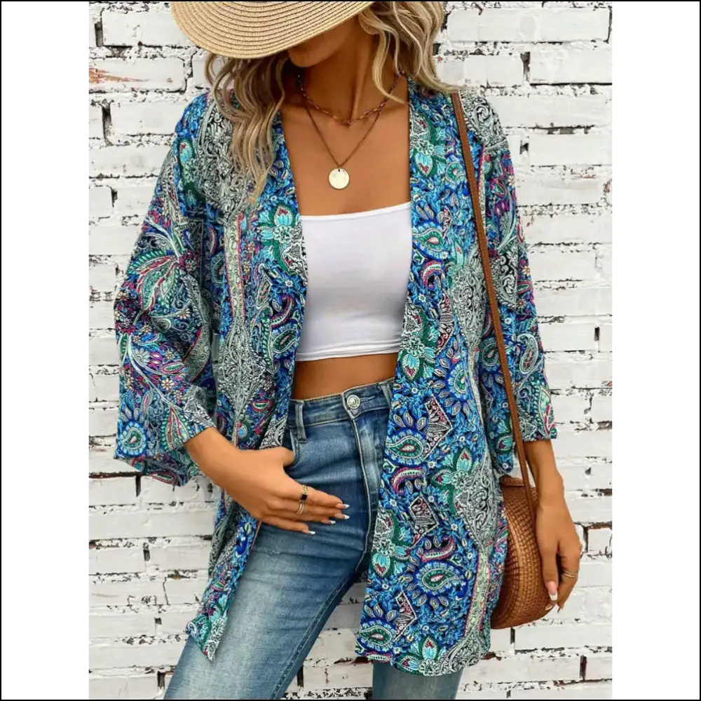 Chic Printed Open Front Three-quarter Sleeve Cover Up - Teal / one Size - Cover-ups