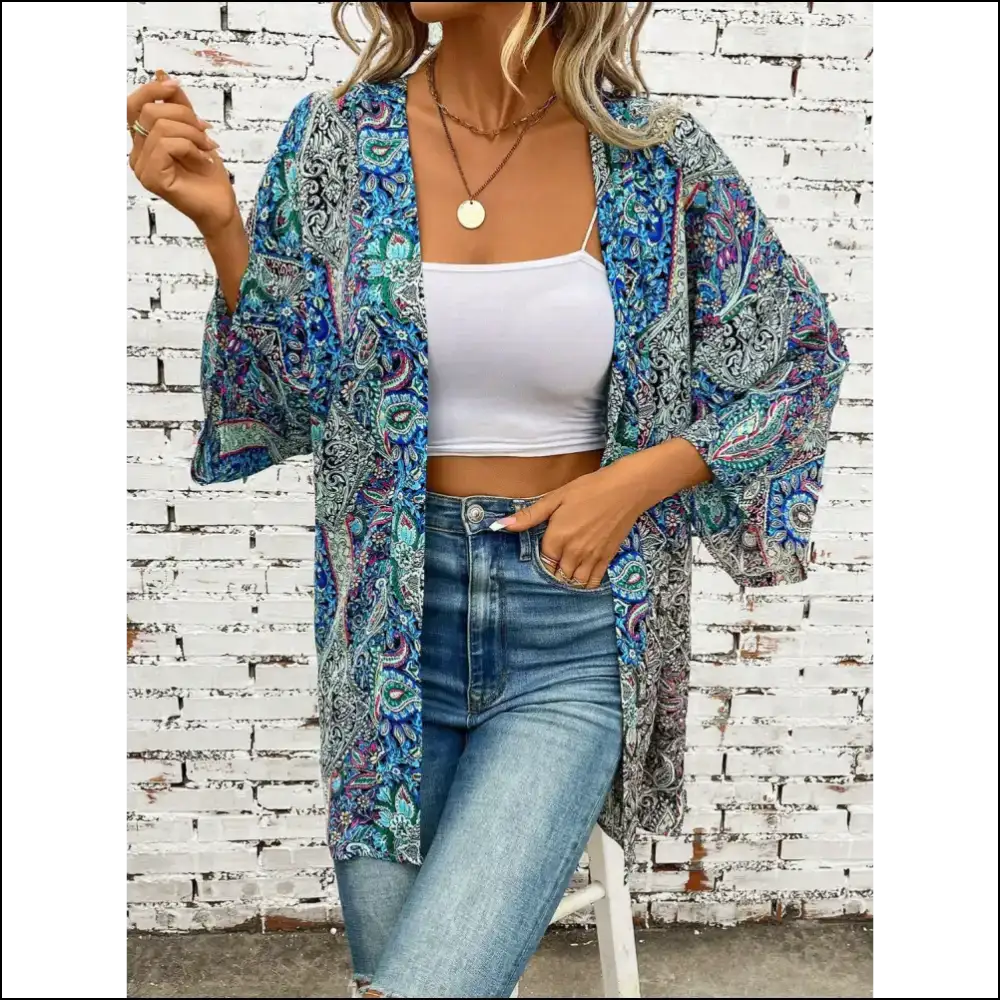 Chic Printed Open Front Three-quarter Sleeve Cover Up - Teal / one Size - Cover-ups