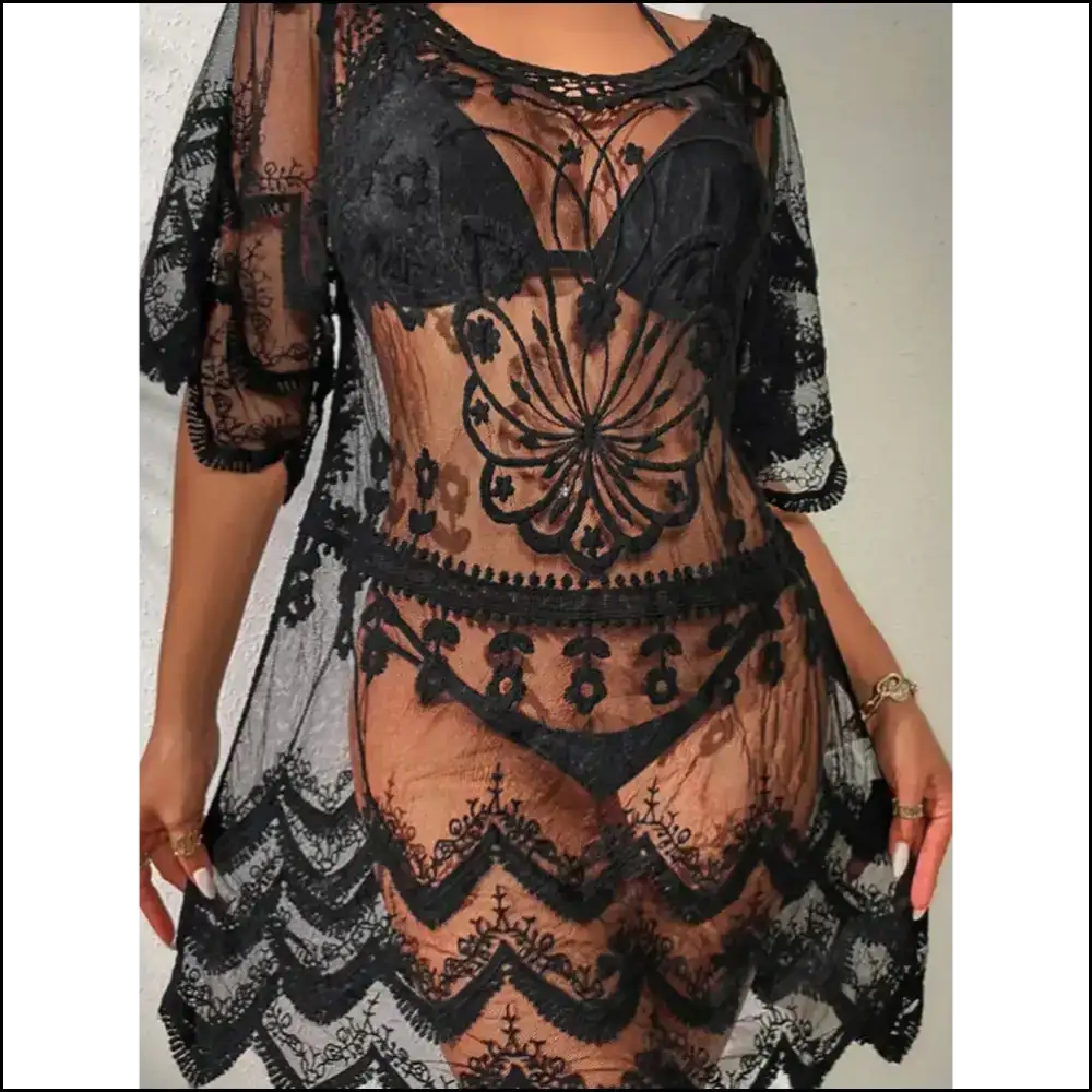 Chic Lace Round Neck Half Sleeve Cover-up - Cover-ups