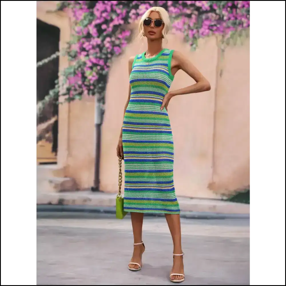 Strut your Stuff in our Striped Round Neck Midi Cover - Don’t Get Sunburned! 😎 - Green / s - Cover-ups