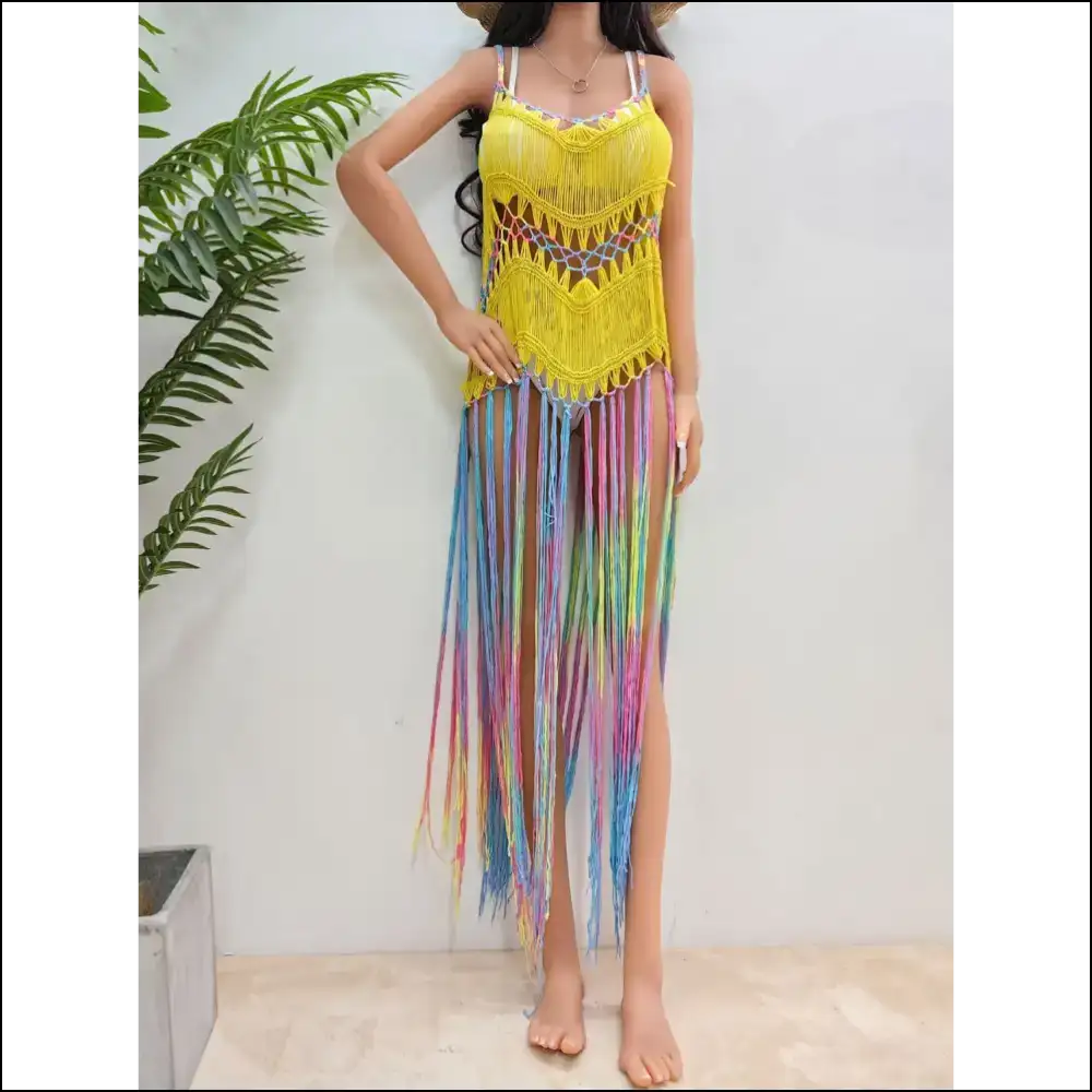 Fringe Scoop Neck Spaghetti Strap Cover-up - Mustard / one Size - Cover-ups
