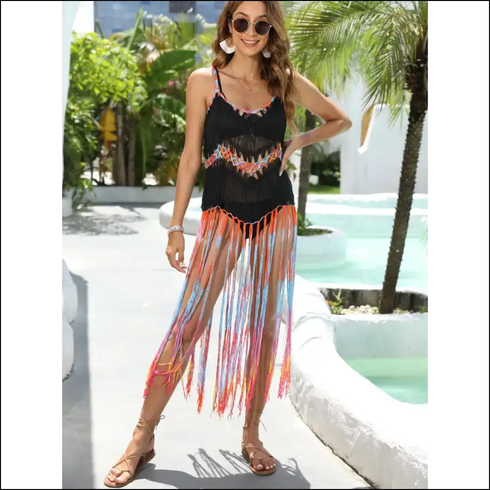Fringe Scoop Neck Spaghetti Strap Cover-up - Black / one Size - Cover-ups