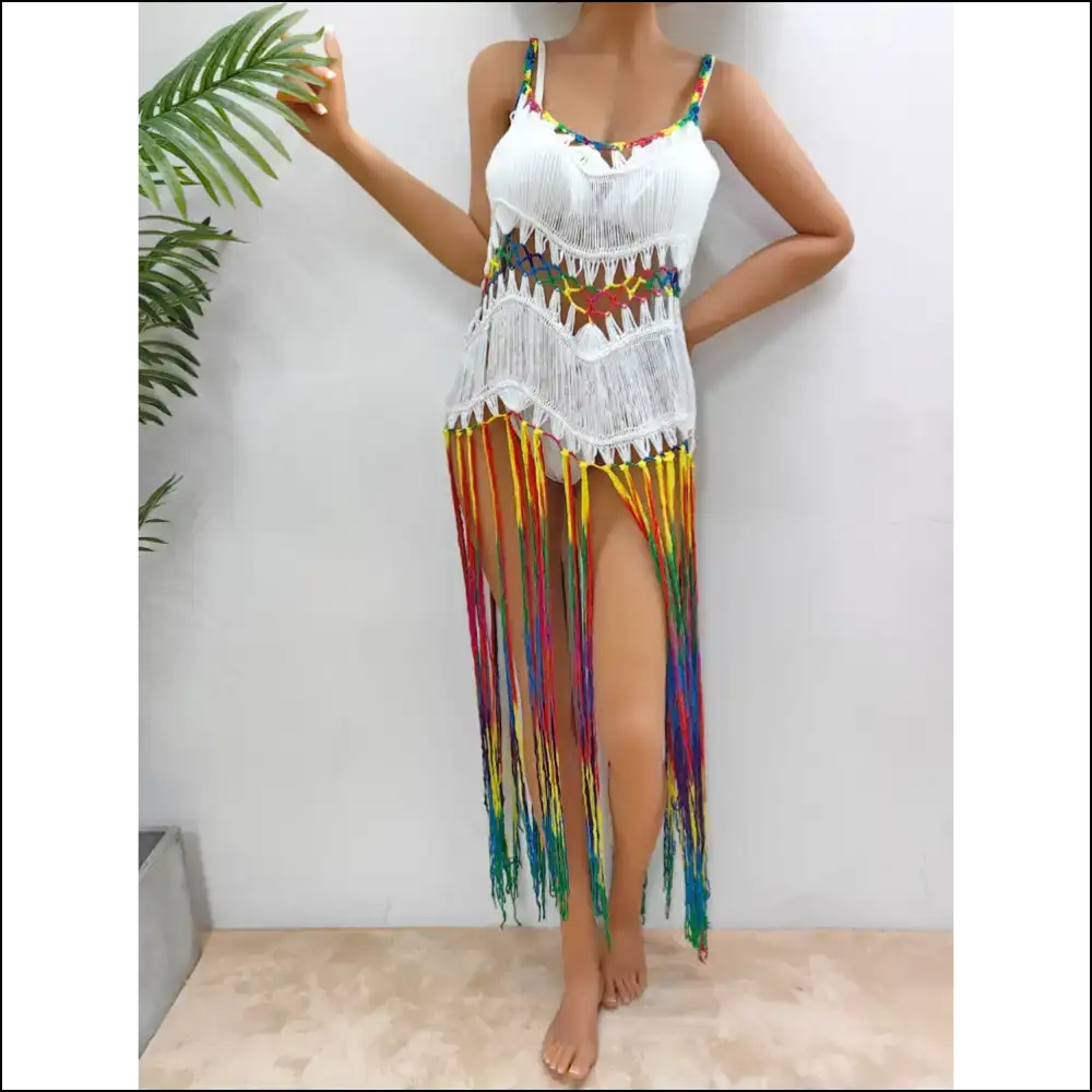 Fringe Scoop Neck Spaghetti Strap Cover-up - White / one Size - Cover-ups