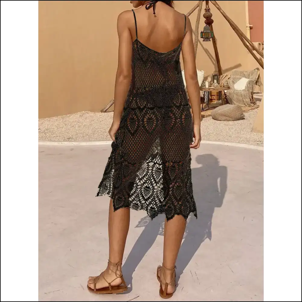 Openwork Scoop Neck Spaghetti Strap Cover-up Dress - Black / one Size - Cover-ups