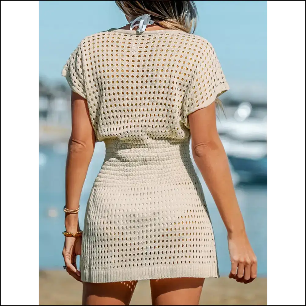 Openwork V-neck Short Sleeve Cover Up - Cover-ups
