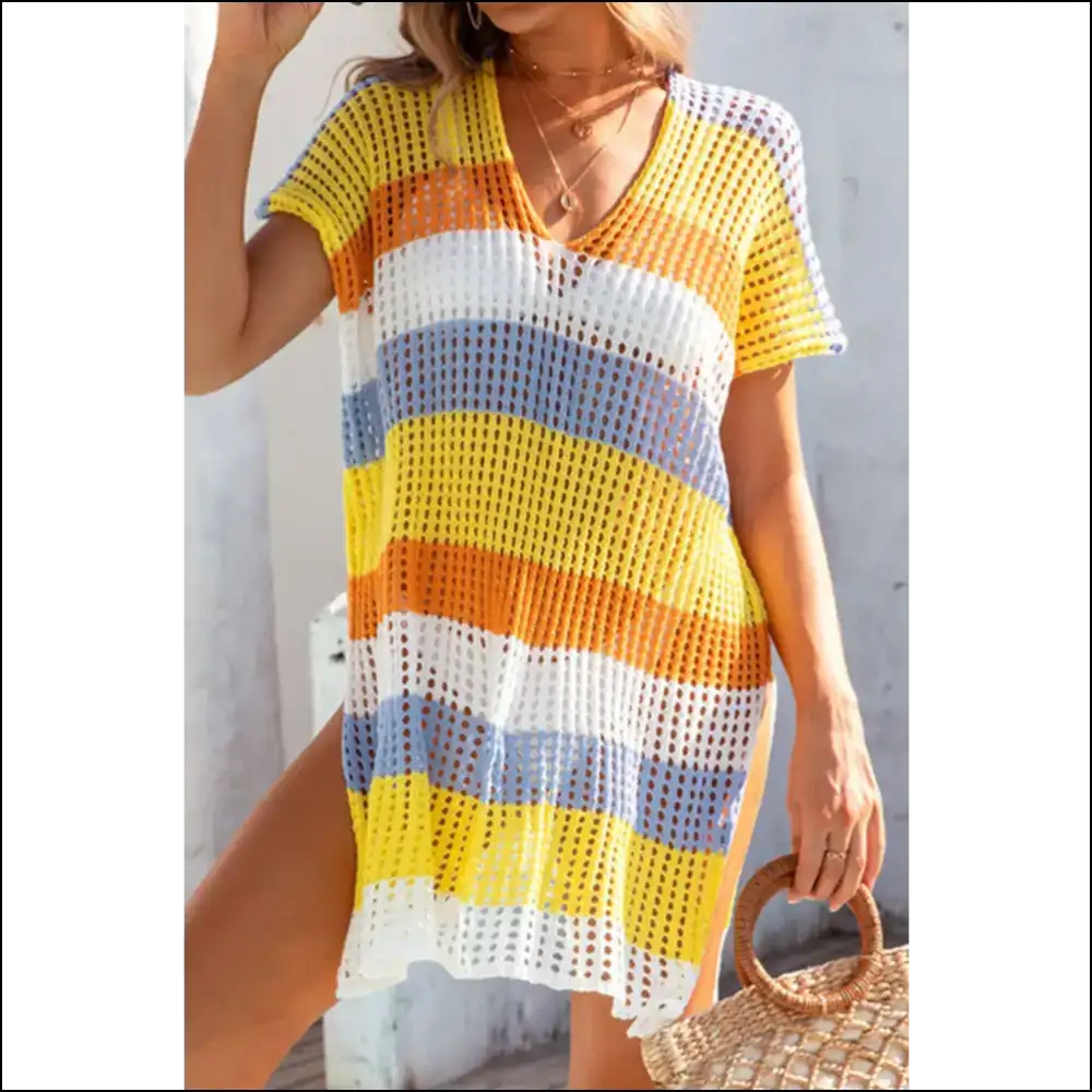 Slit Color Block V-neck Cover-up - Yellow / one Size - Cover-ups