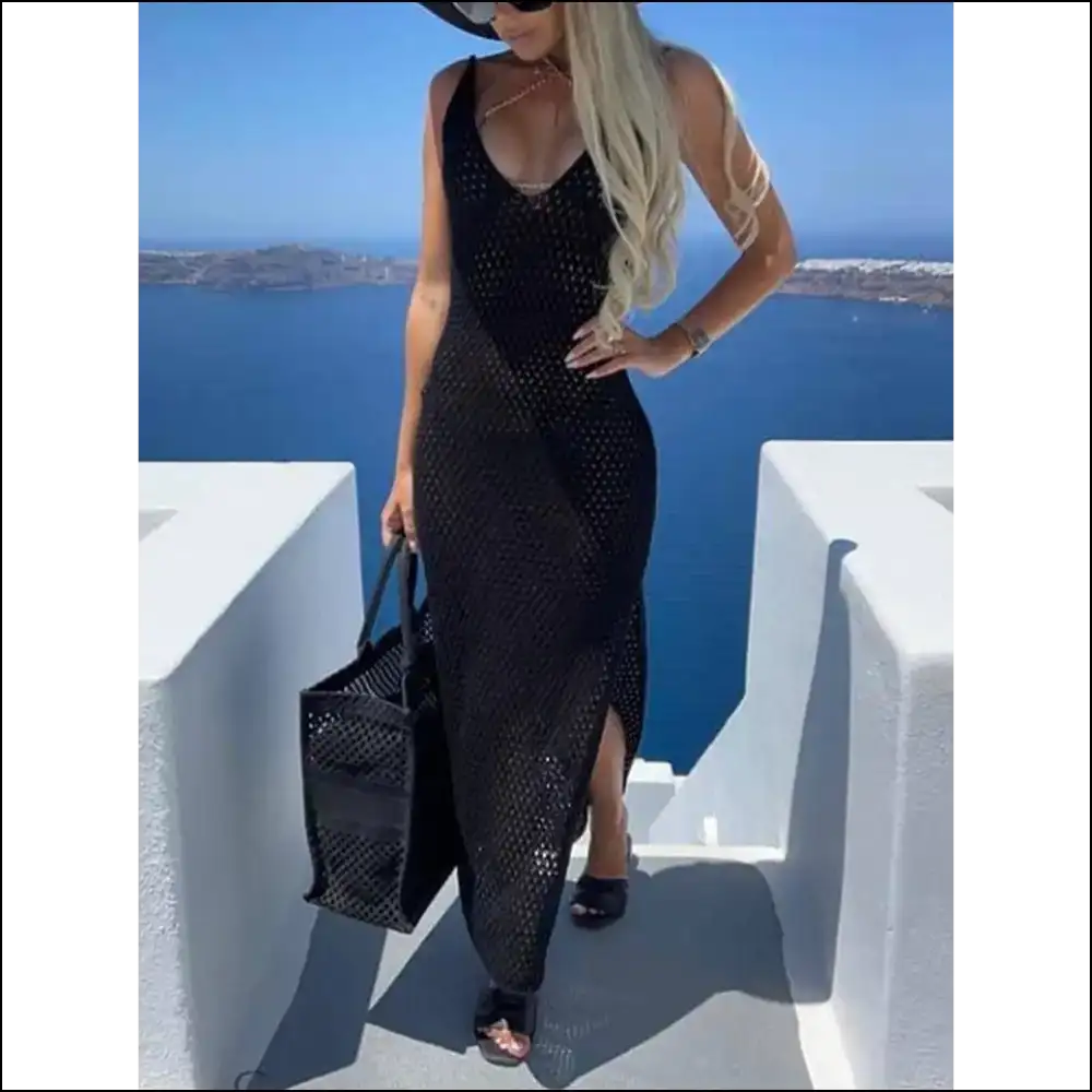 Slit Openwork V-neck Sleeveless Cover Up - Black / m - Cover-ups