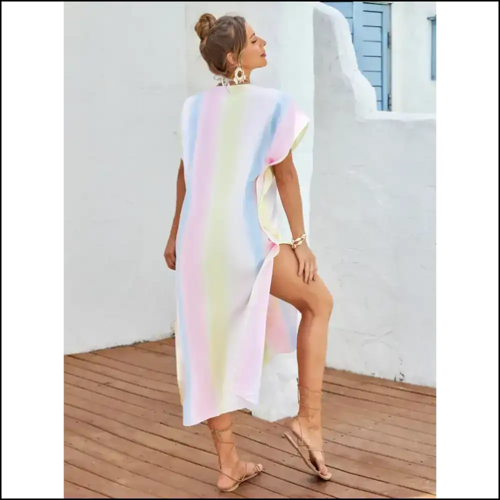 Slit Striped Notched Cover-up: Because who Needs Clothes Anyway? 😂 - Multicolor / one Size - Cover-ups