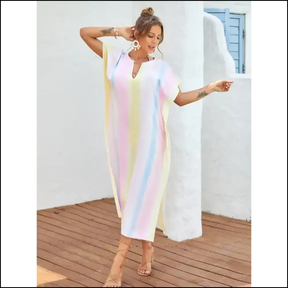 Slit Striped Notched Cover-up: Because who Needs Clothes Anyway? 😂 - Multicolor / one Size - Cover-ups
