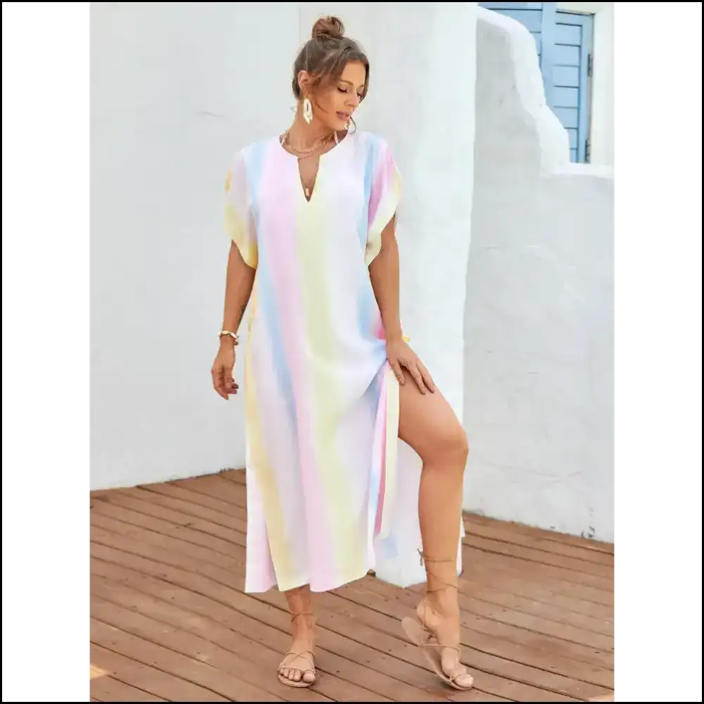 Slit Striped Notched Cover-up: Because who Needs Clothes Anyway? 😂 - Multicolor / one Size - Cover-ups