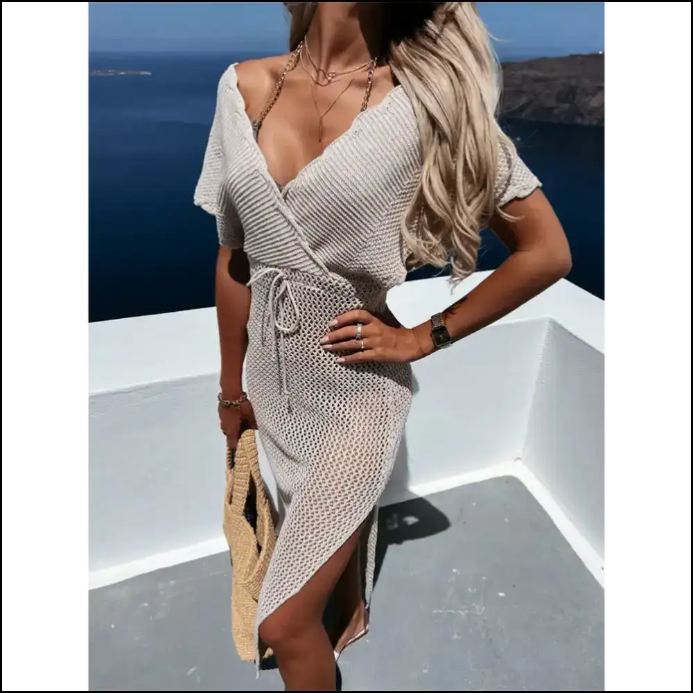 Ditch the Drama: Slit Surplice Cap Sleeve Cover-up for Poolside Queens ππ - Cover-ups