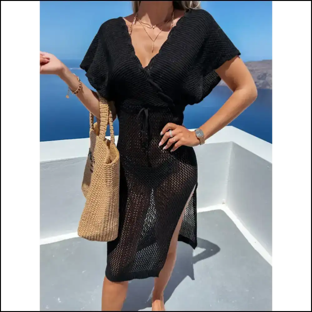 Ditch the Drama: Slit Surplice Cap Sleeve Cover-up for Poolside Queens ππ - Cover-ups