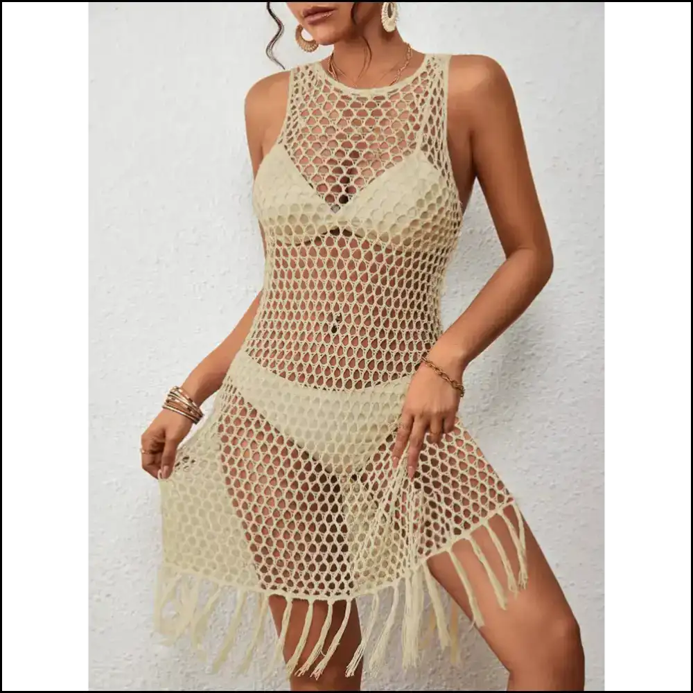 Chic Tassel Hem Hollow out Sleeveless Cover Up - Lemon / s - Cover-ups