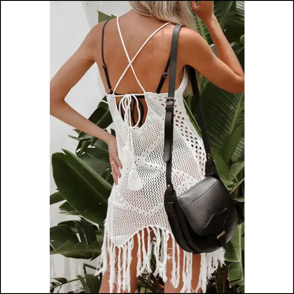 Tassel Openwork Spaghetti Strap Cover-up Dress - Cover-ups