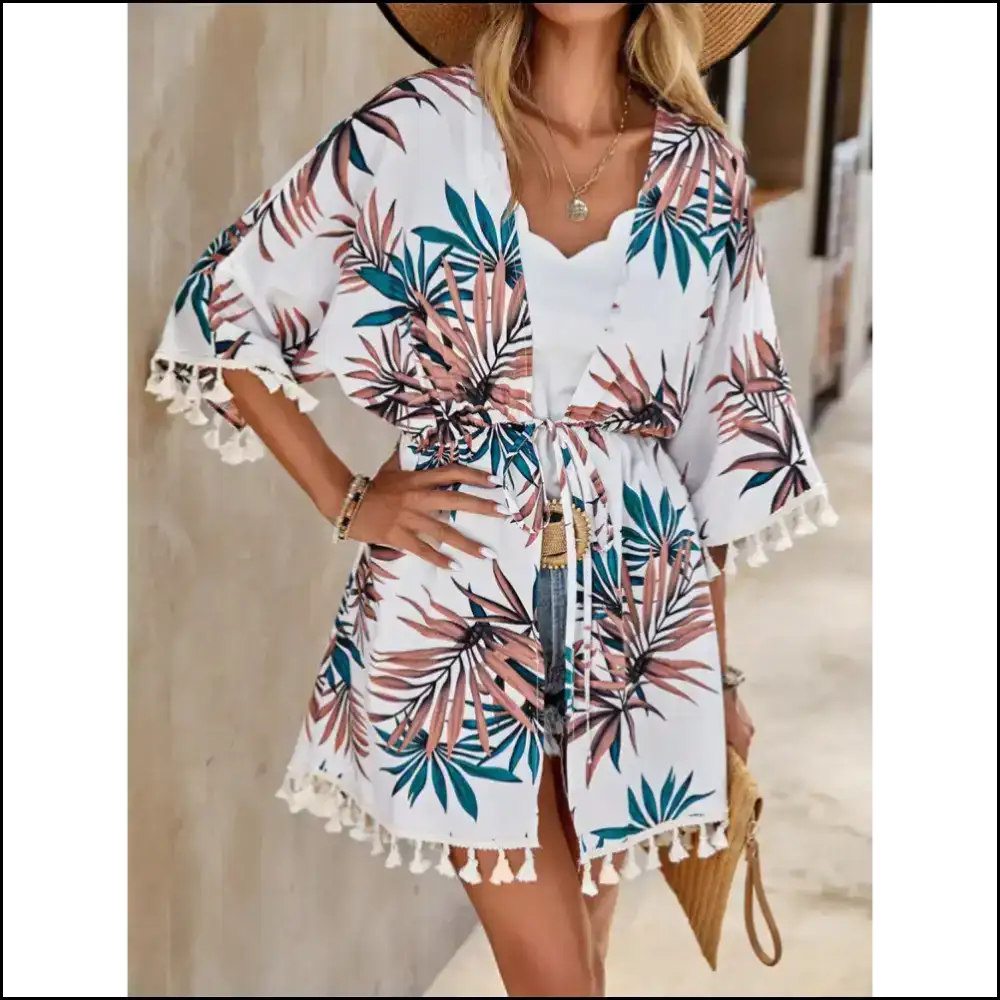 Tassel Tied Printed Half Sleeve: Beach Chic for Clumsy Sunkissed Moments! ππ - White / one Size - Cover-ups