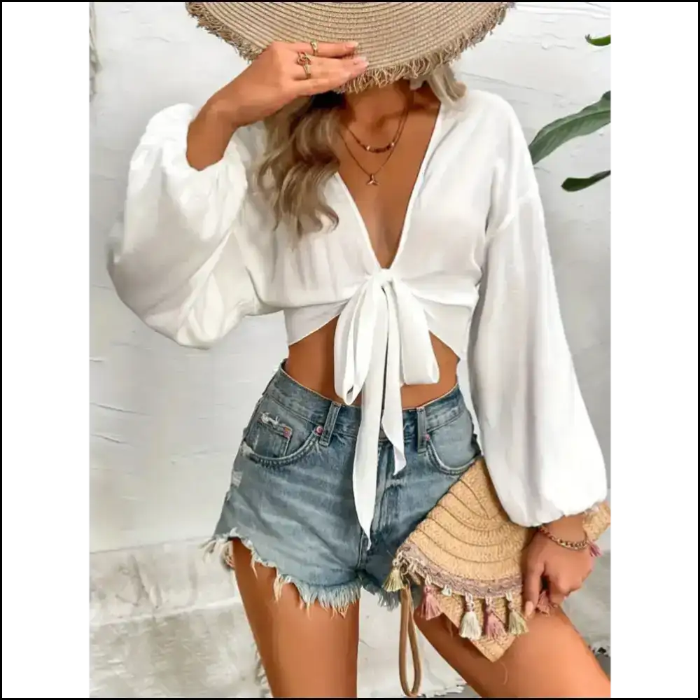 Playful Tied V-neck Cropped Cover-up - Cover-ups