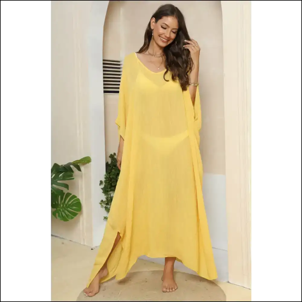 V-neck Sheer Three-quarter Sleeve Beach Cover-up - Yellow / one Size - Cover-ups
