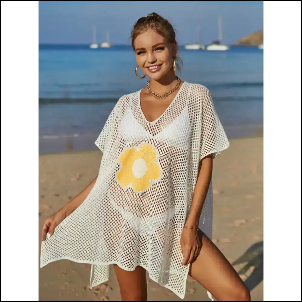 Angel Wings Openwork Flower V-neck Cover Up - White / one Size - Cover-ups