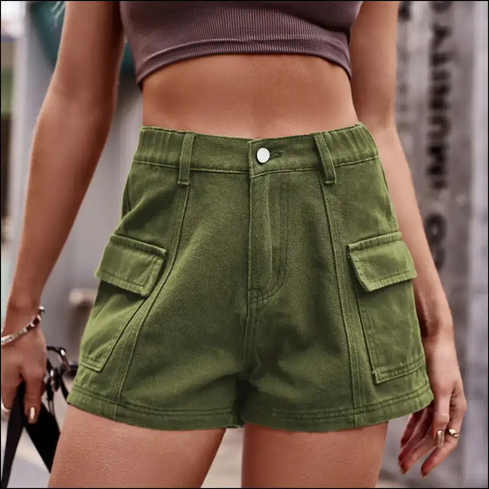 Chic High-waist Denim Shorts with Pockets - Moss / m
