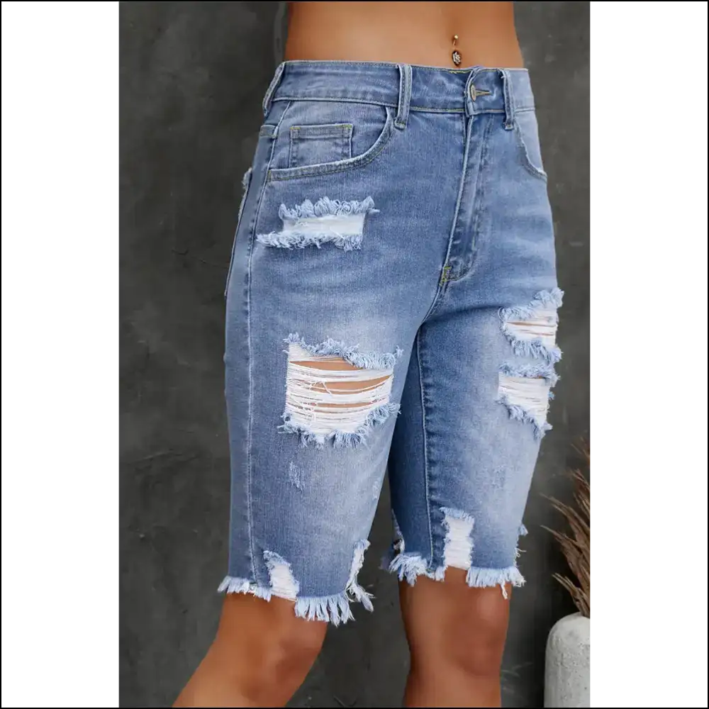 Chic Distressed Frayed Hem Denim Bermuda Shorts