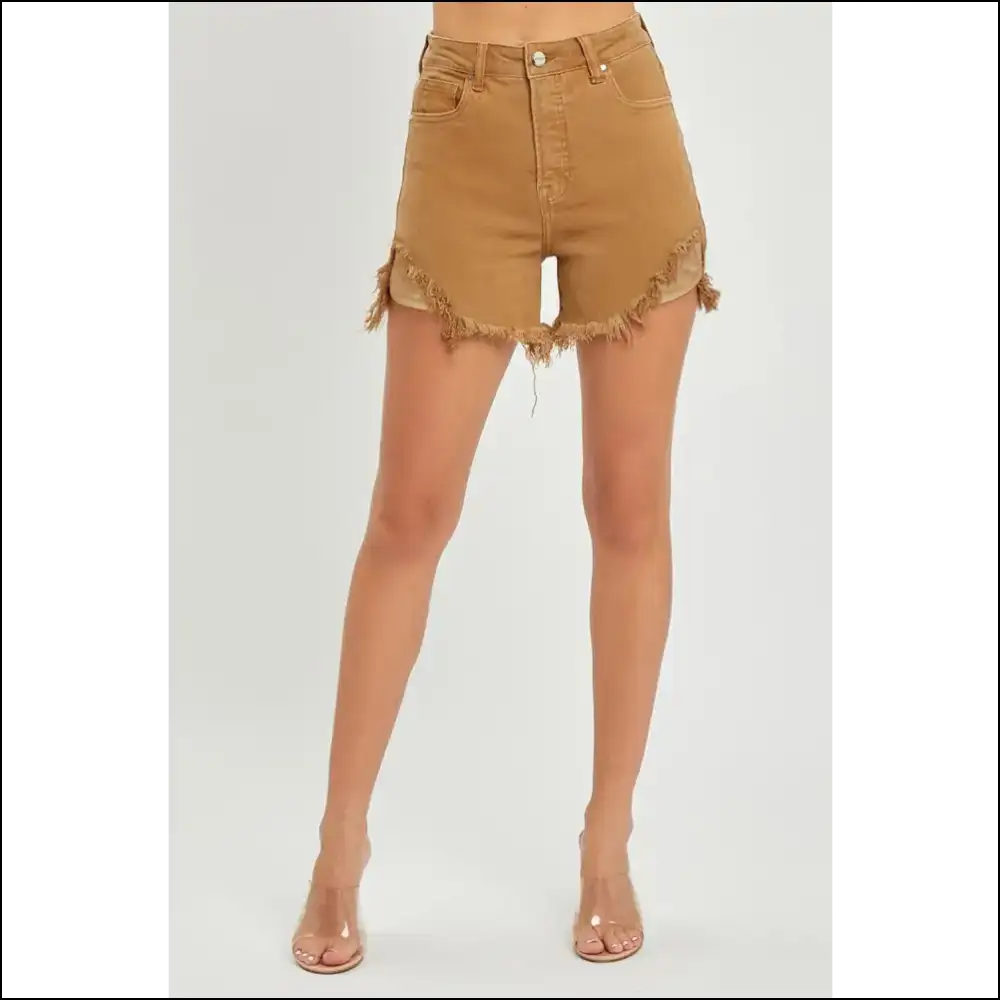 Risen High Waist Frayed Hem Denim Shorts