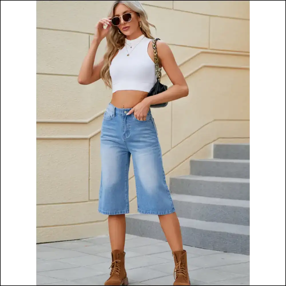 High Waist Denim Shorts with Pockets for Women