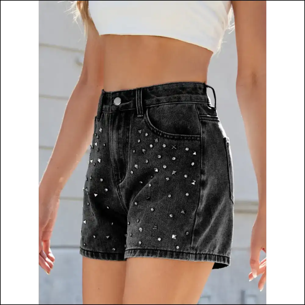 Rhinestone Washed High Waist Denim Shorts