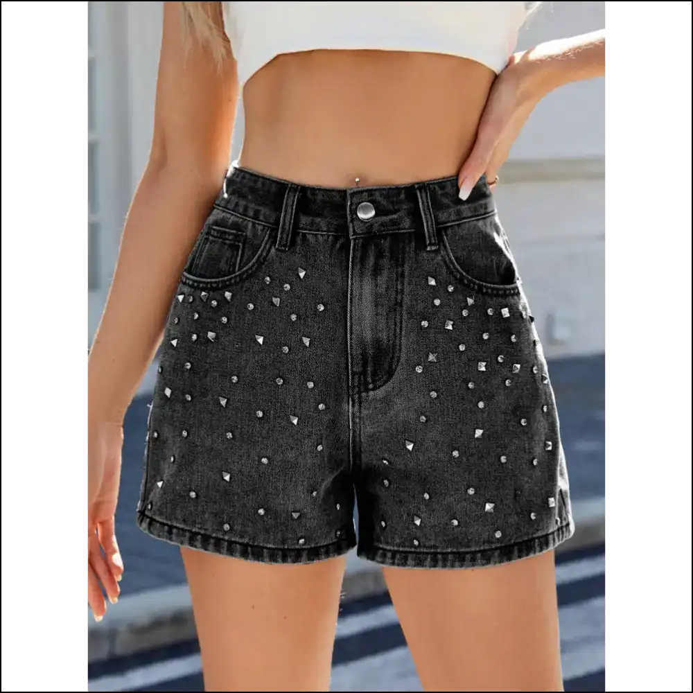 Rhinestone Washed High Waist Denim Shorts - Black / l
