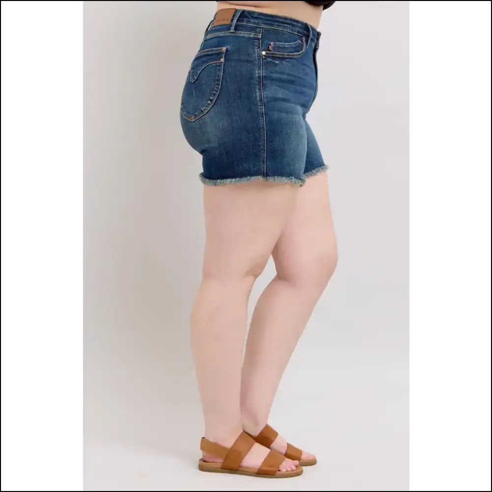Judy Blue Tummy Control Fray Hem & Shield Back Pockets Denim Shorts